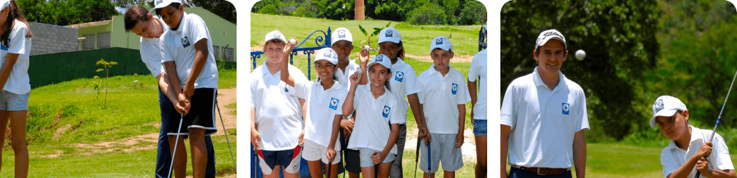 Fotos de alunos práticando golfe